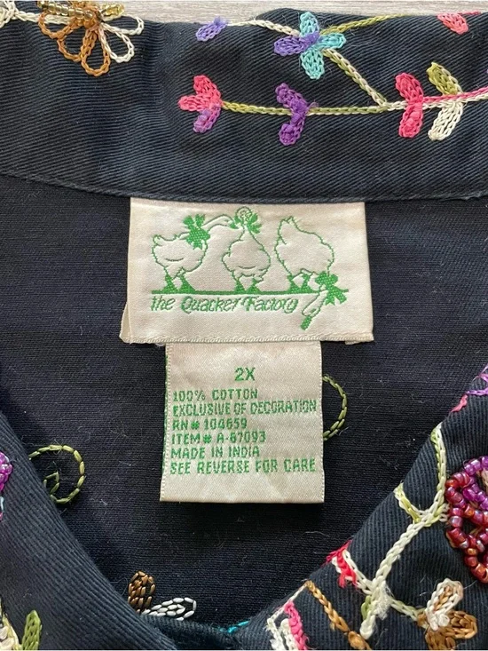 Quacker Factory Black Embroidered Beaded Button Up Blazer Jacket w/ Teal Trim - Picture 2 of 7